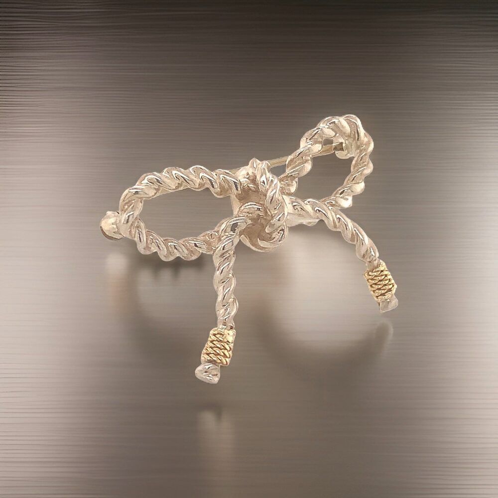 Tiffany & Co Estate Twisted Rope Bow Brooch Pin Silver + 14k Gold 5.8 Gr Tif731